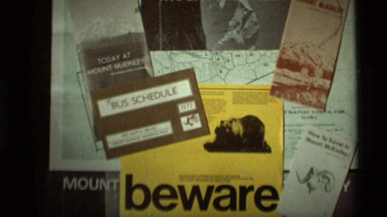 Mount McKinley National Park travel ephemera from 1977, with printed brochures, a map, bus schedule, and bear warning notice.