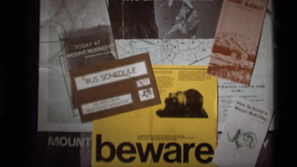 Late-1970s Alaska park travel materials with Mount McKinley brochures, a map, a 1977 bus schedule, and a bear warning notice.