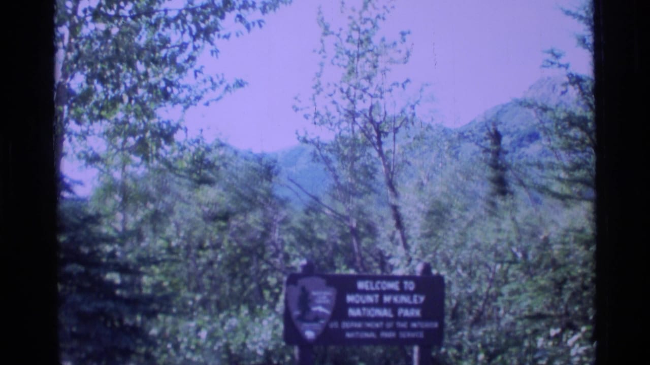 Welcome to Mount McKinley National Park sign beside trees and mountains.