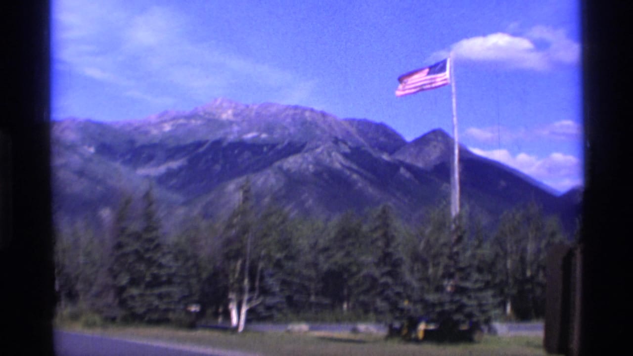 American flag on a pole waving above trees with mountains in the background.