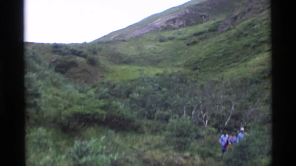 Distant hikers in 1977 Alaska appear below a grassy hillside, partly obscured by dense brush and handheld 8mm softness.