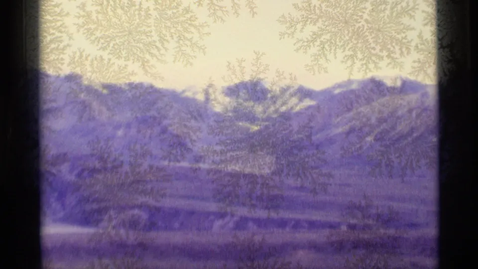 Soft 8mm mountain landscape frame from Alaska with purple color shift, overexposed sky, and foliage or film texture visible.