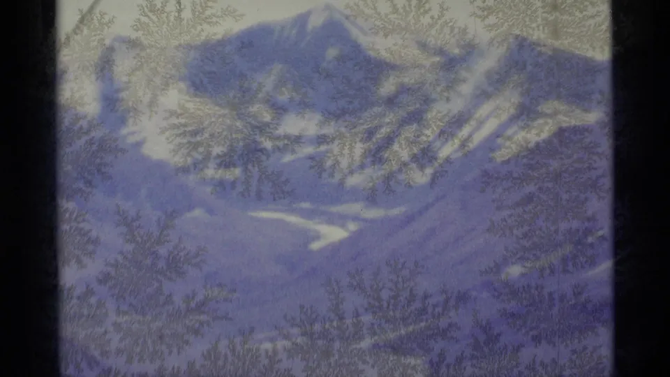 A blue-purple 8mm view of Alaska mountains is partially obscured by frost patterns on the window.