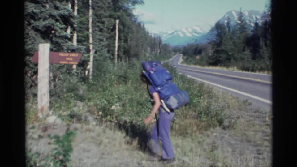A backpacker in blue clothing bends near roadside vegetation at the Fulmer Lakes Trail entrance in Alaska.