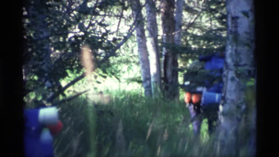 Backpackers in a wooded Alaskan setting move away from the handheld 8mm camera, partly obscured by trees and grass.