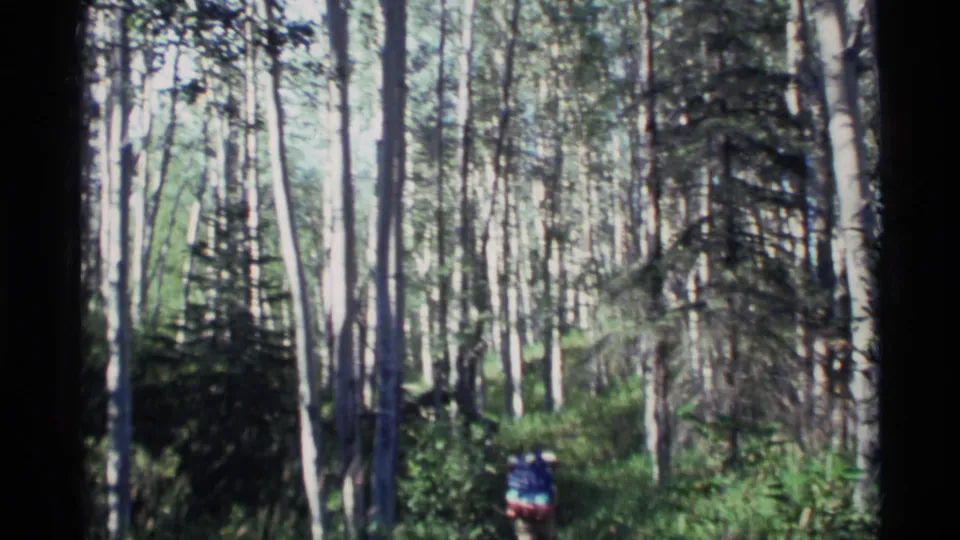 A backpacker in 1977 Alaska home-movie footage walks away through a narrow wooded path with tall trees around them.