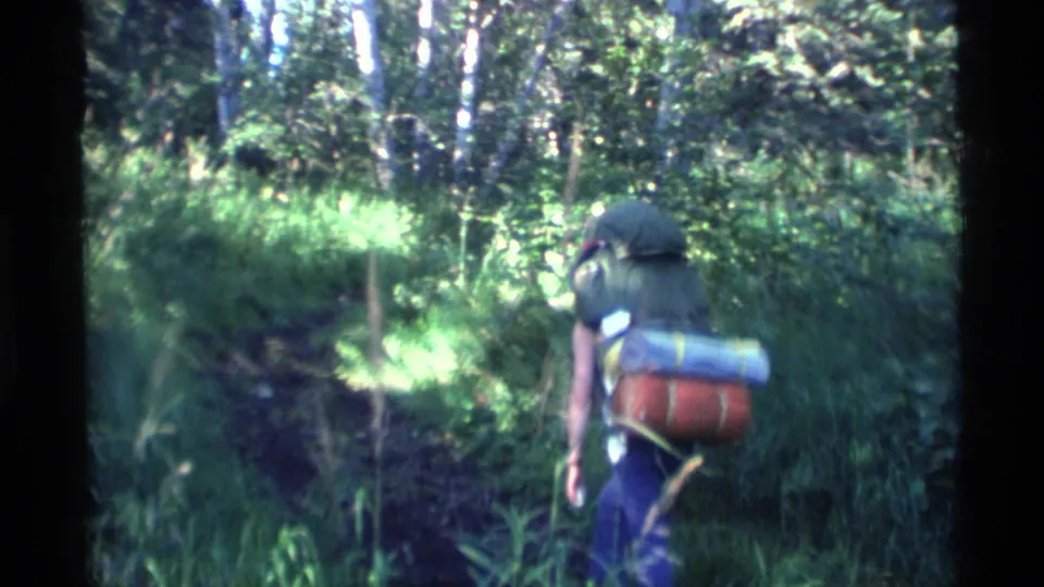 The backpacker continues through the Alaskan woods, seen from behind with a large pack and rolled sleeping gear in soft 8mm color.