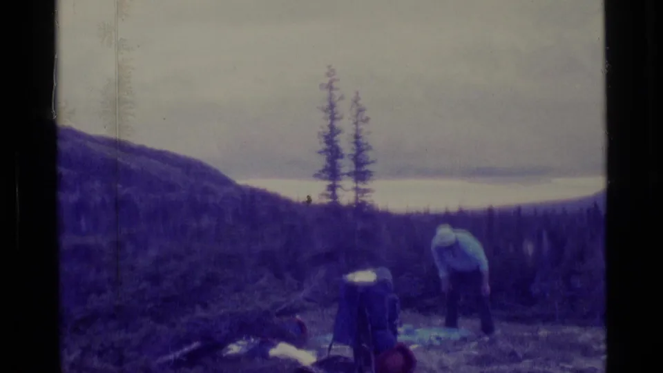 1977 Alaska 8mm frame with an adult bent over picnic supplies in a remote clearing, framed by evergreens and cloudy sky.