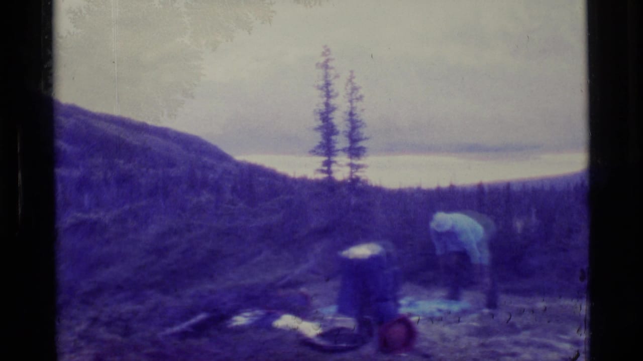 Man near camping gear on a grassy slope with water, trees, and distant mountains behind him.