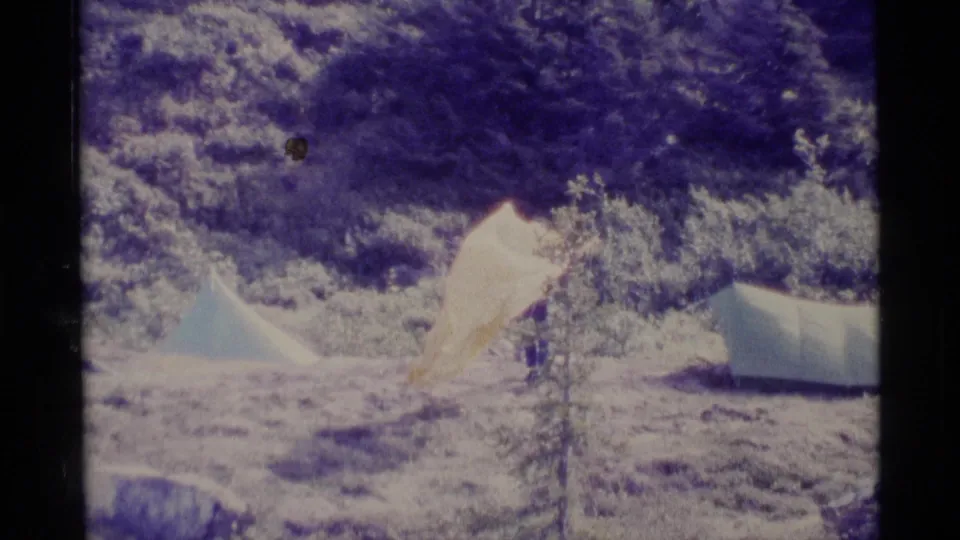 1977 Alaska home-movie frame of a windy campsite with white tents, pale fabric, low brush, and dark trees in the background.