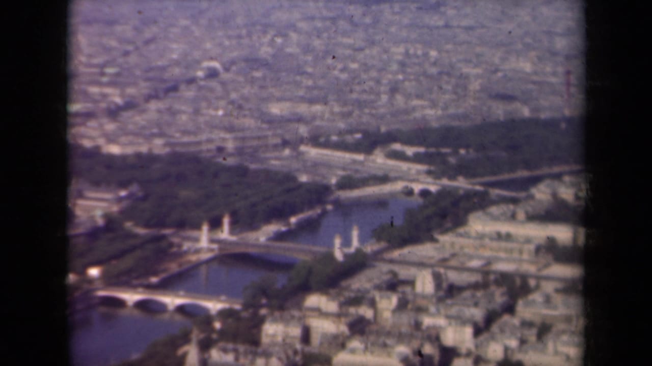 Aerial view of the Seine with bridges, parkland, and dense Paris buildings.