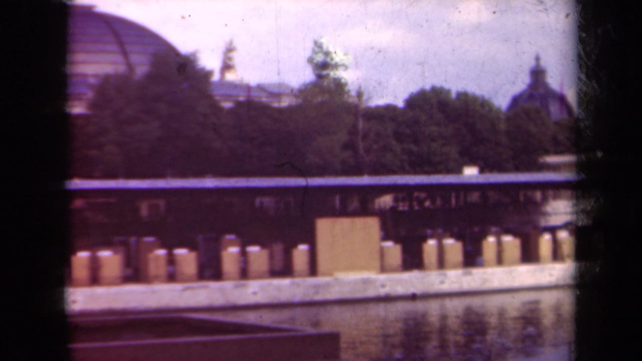 Riverside embankment with bollards, trees, and a domed building partly visible behind them.