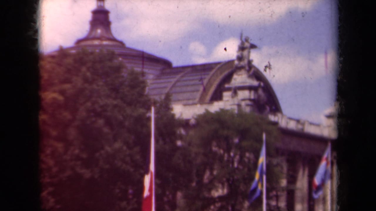 Paris, 1939: a monumental building facade and roofline appear behind trees, with several flags visible near the lower edge.