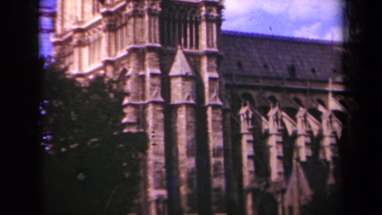 Notre-Dame facade and buttresses partly framed by trees, with dark film borders.
