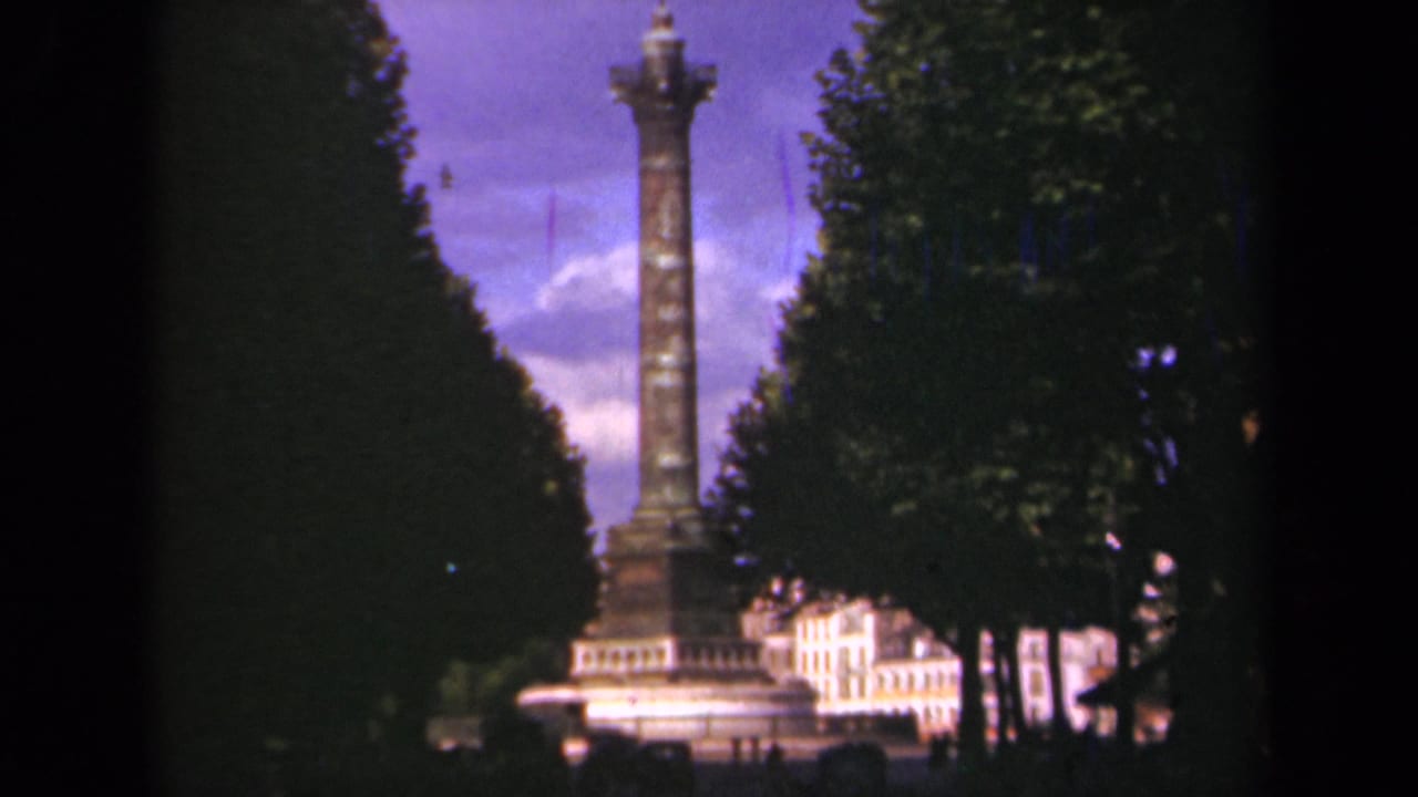 Column monument seen between rows of trees with buildings in the background.