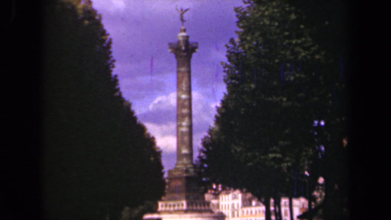 Tall column monument with statue framed between dark trees under a cloudy sky.