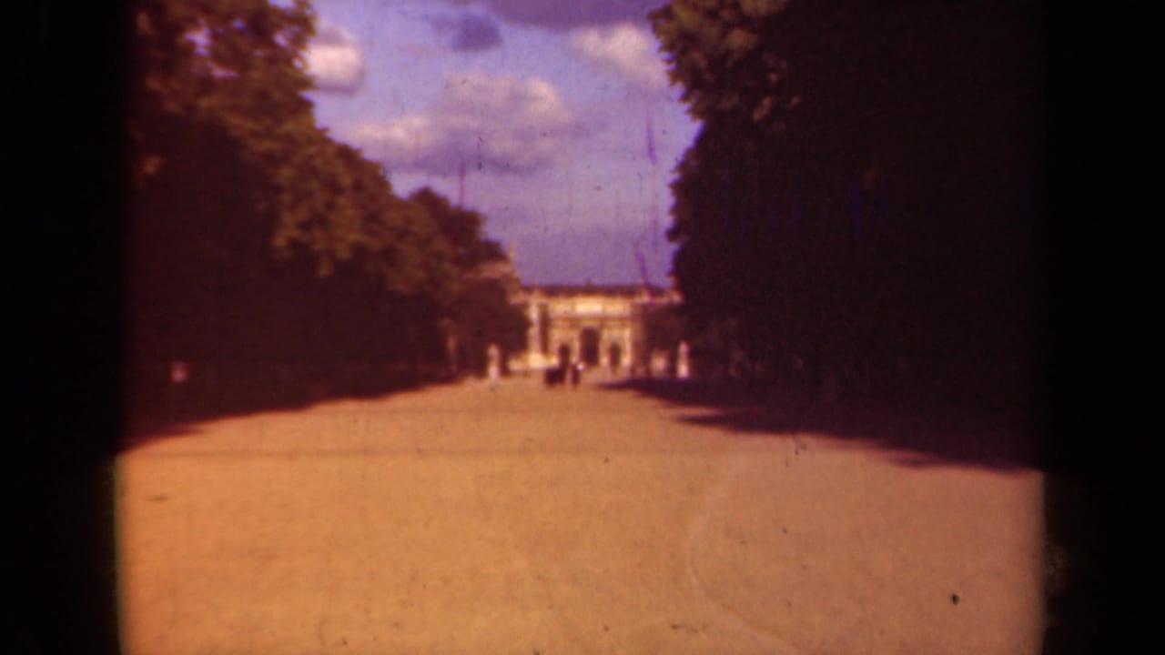 Broad walkway framed by trees with a distant building and small figures ahead.