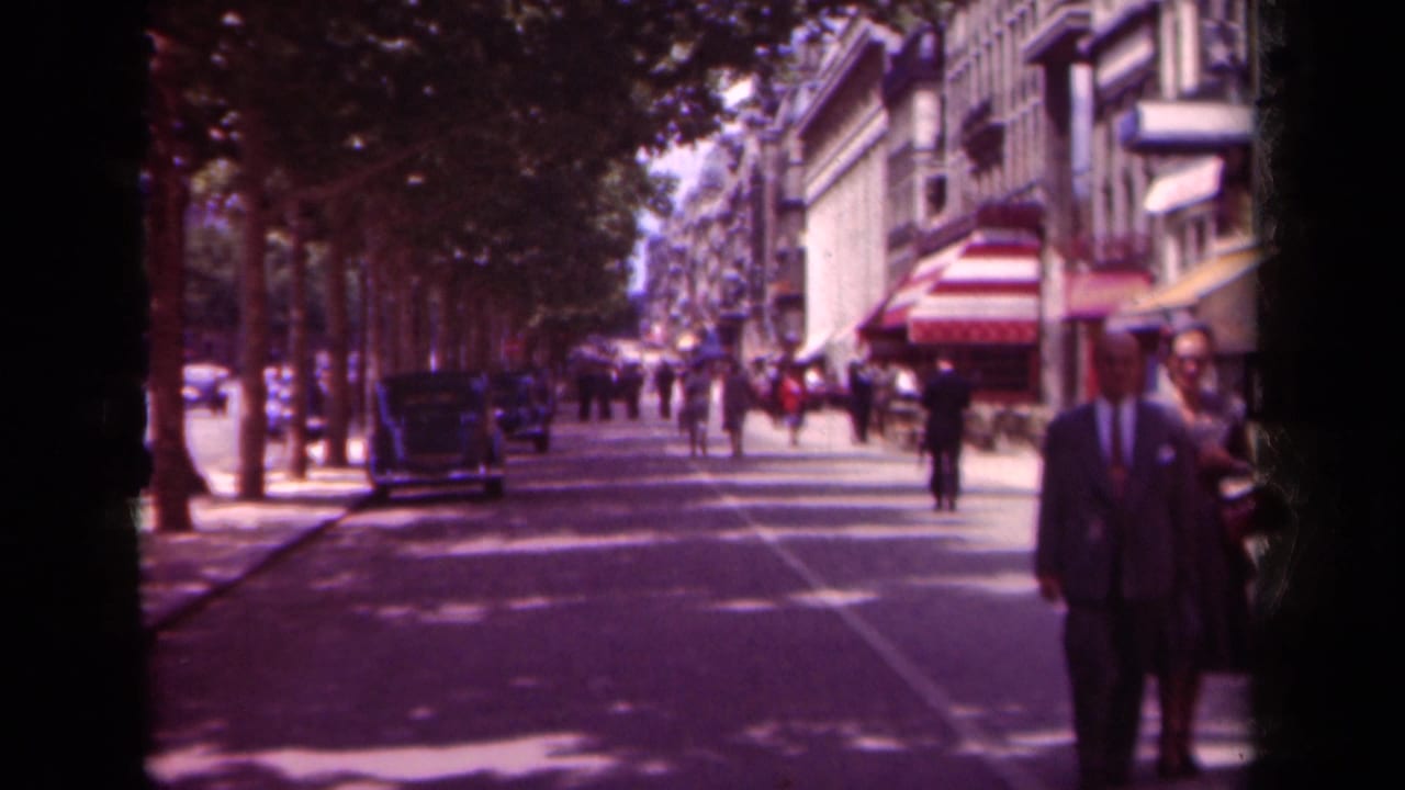 Tree-lined Paris street with pedestrians, parked cars, storefront awnings, and a suited man near the camera.