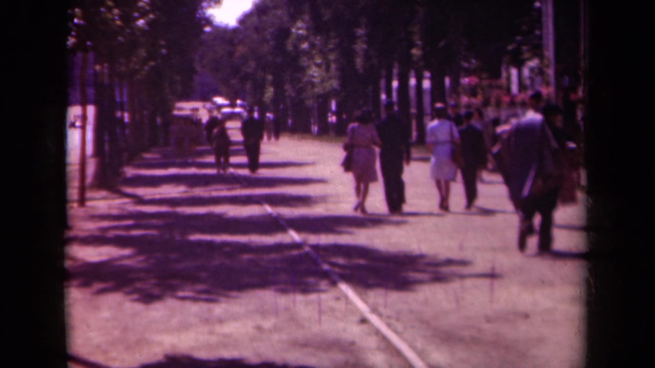 People walk along a broad shaded street while others gather near the right edge.