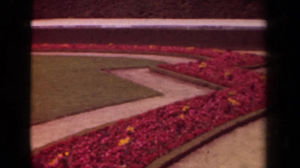 Soft 8mm frame from 1939 Paris showing red ornamental planting beside a diagonal path and lawn.