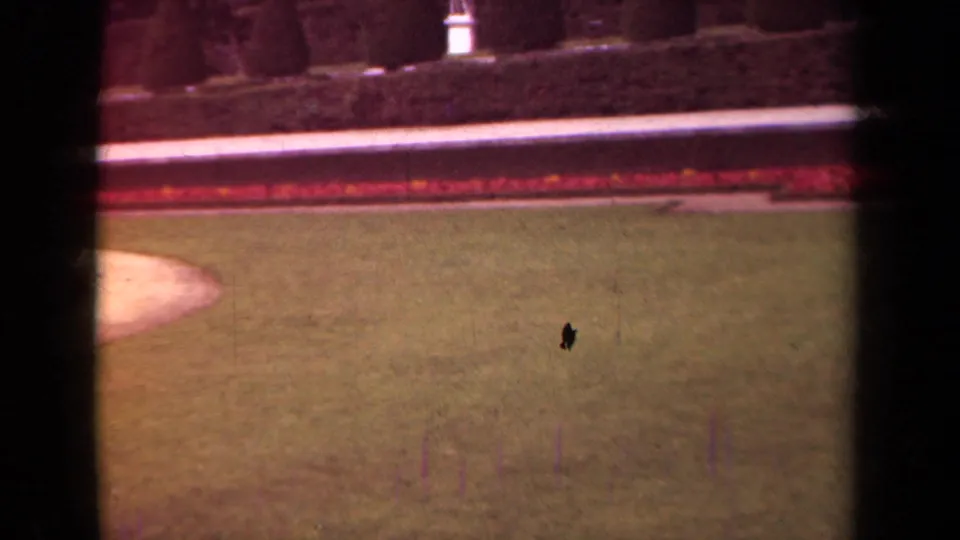 1939 Paris 8mm frame showing a curved lawn edge, red planted border, clipped hedge, and pale garden path during a handheld pan.