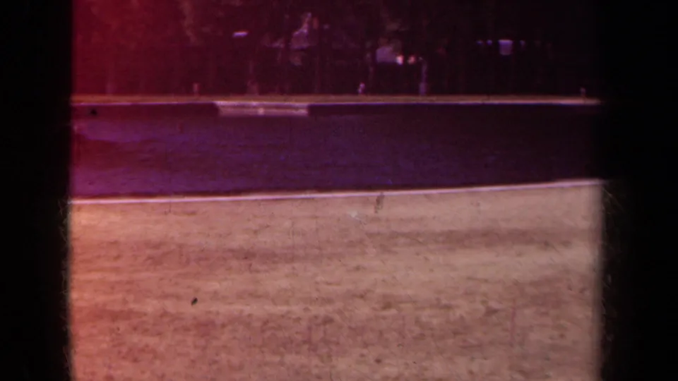 Static 8mm view of a Paris park basin with grass foreground, dark water, a pale far bank, and trees beyond.