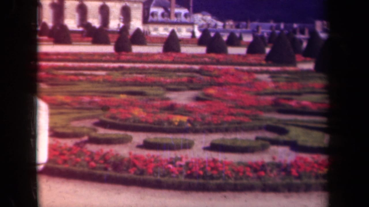 1939 Paris garden view with red and yellow flower beds, geometric hedges, conical topiary, pale paths, and a classical building beyond.