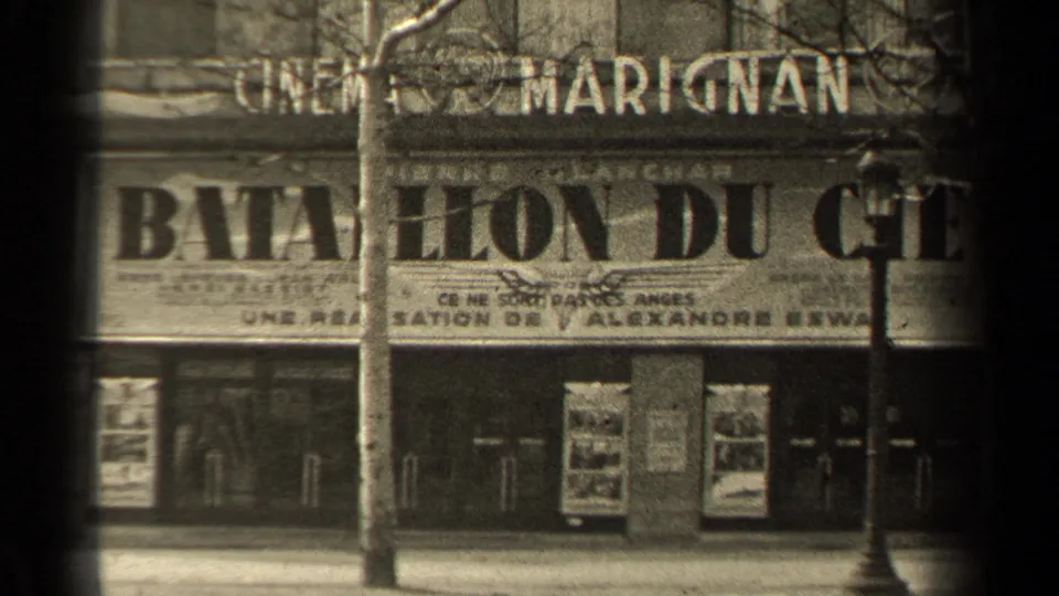 1947 Paris cinema exterior showing Marignan signage and a marquee advertising Bataillon du Ciel.