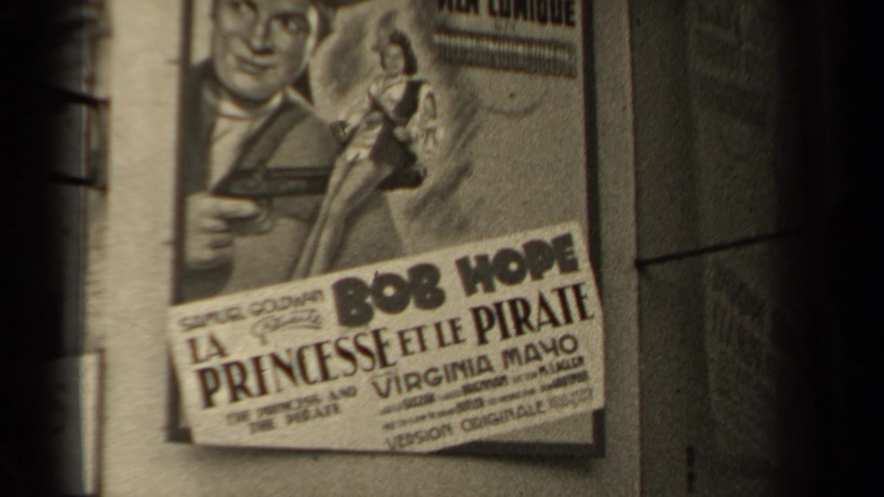 The 1947 Paris frame holds on the French La Princesse et le Pirate poster, with actor names and poster art partly legible.