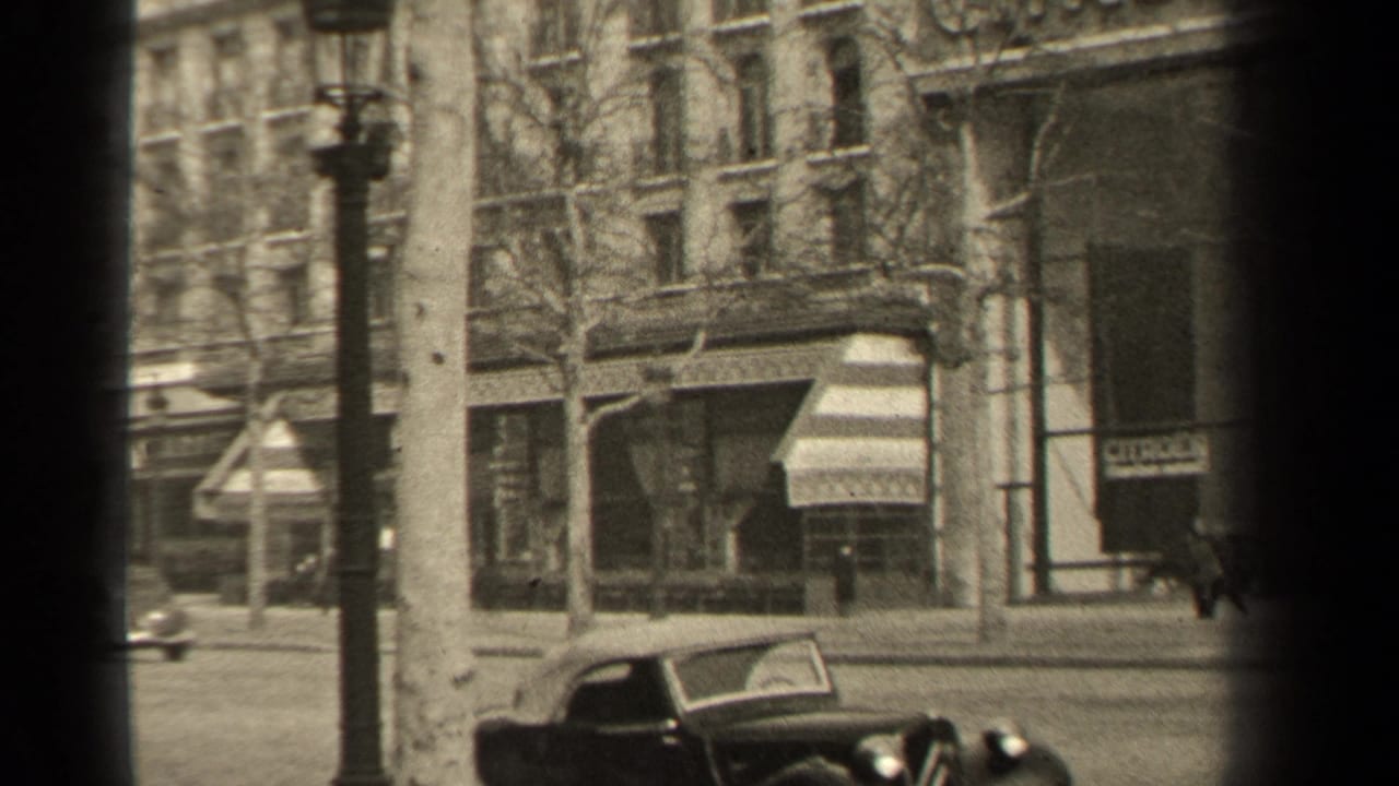 Street corner with a lamppost, bare trees, awnings, and a dark automobile at the curb.