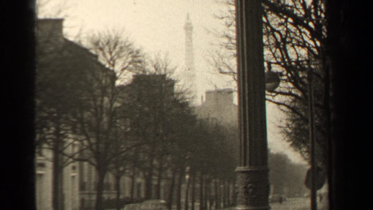 Distant Eiffel Tower and tree-lined boulevard seen past a lamp post and dark frame edge.