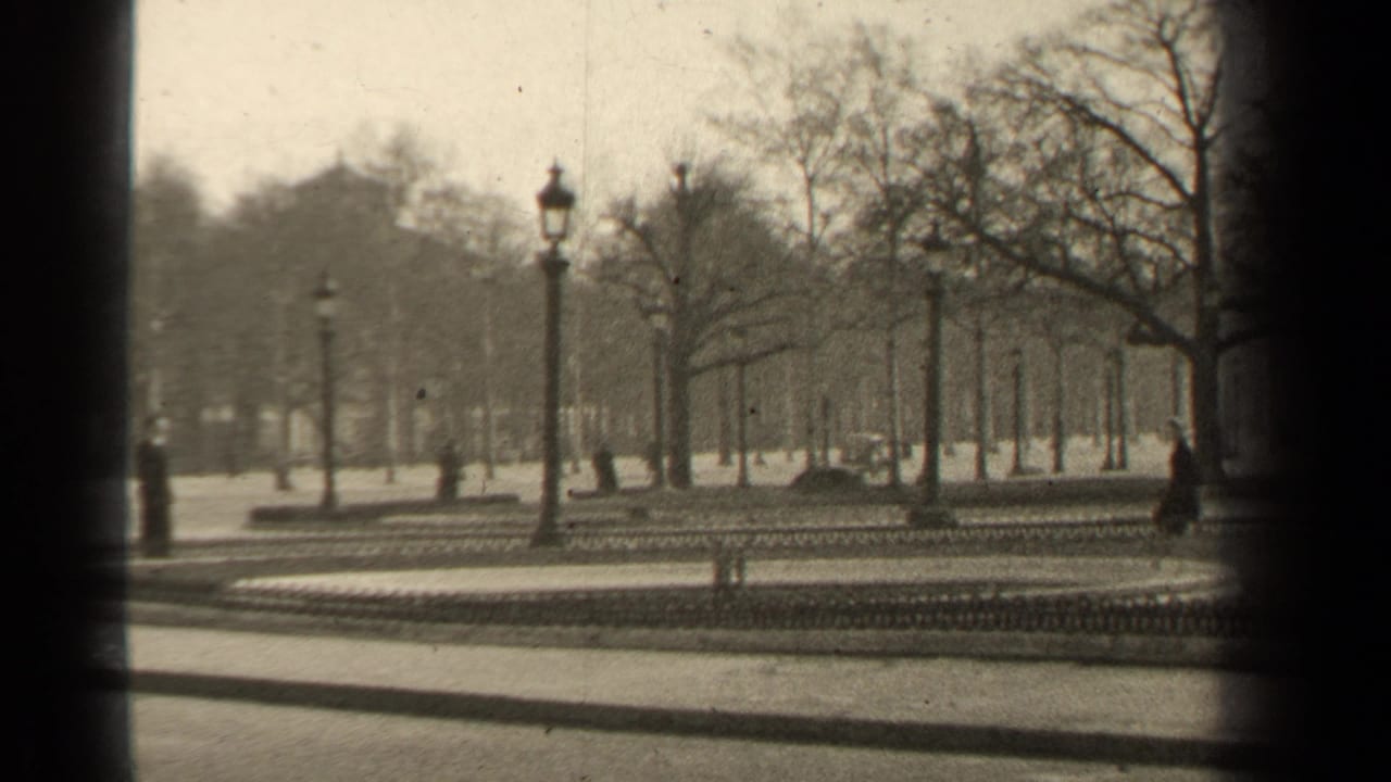 Park paths, bare trees, lampposts, and a distant pedestrian near the right edge.