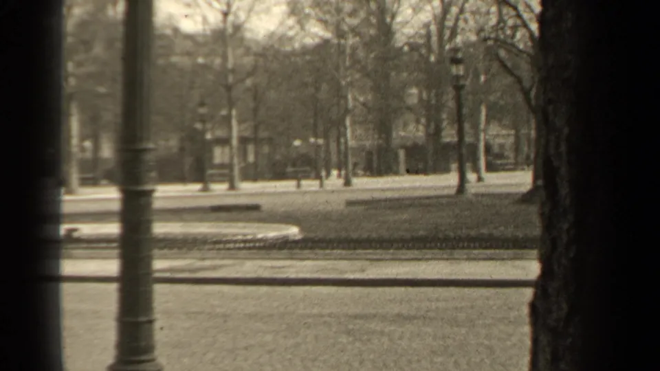 1947 Paris park road with bare trees, lampposts, open paths, and dark foreground bars from a window or vehicle frame.