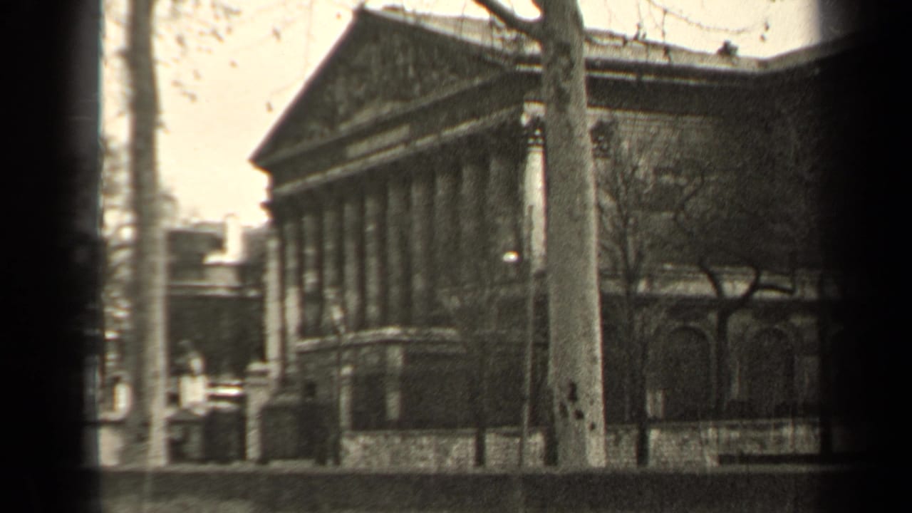 Classical columned building behind bare street trees and a road.