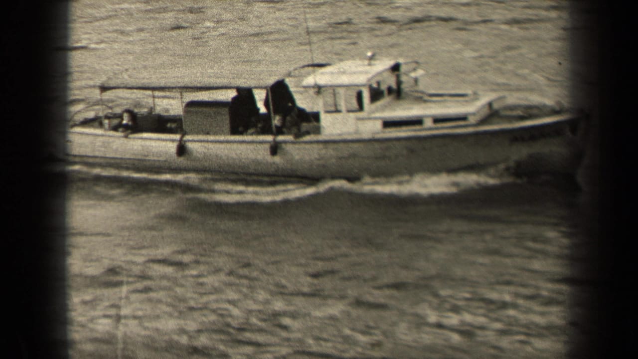 Motorboat seen broadside on the water with a cabin and covered rear section.