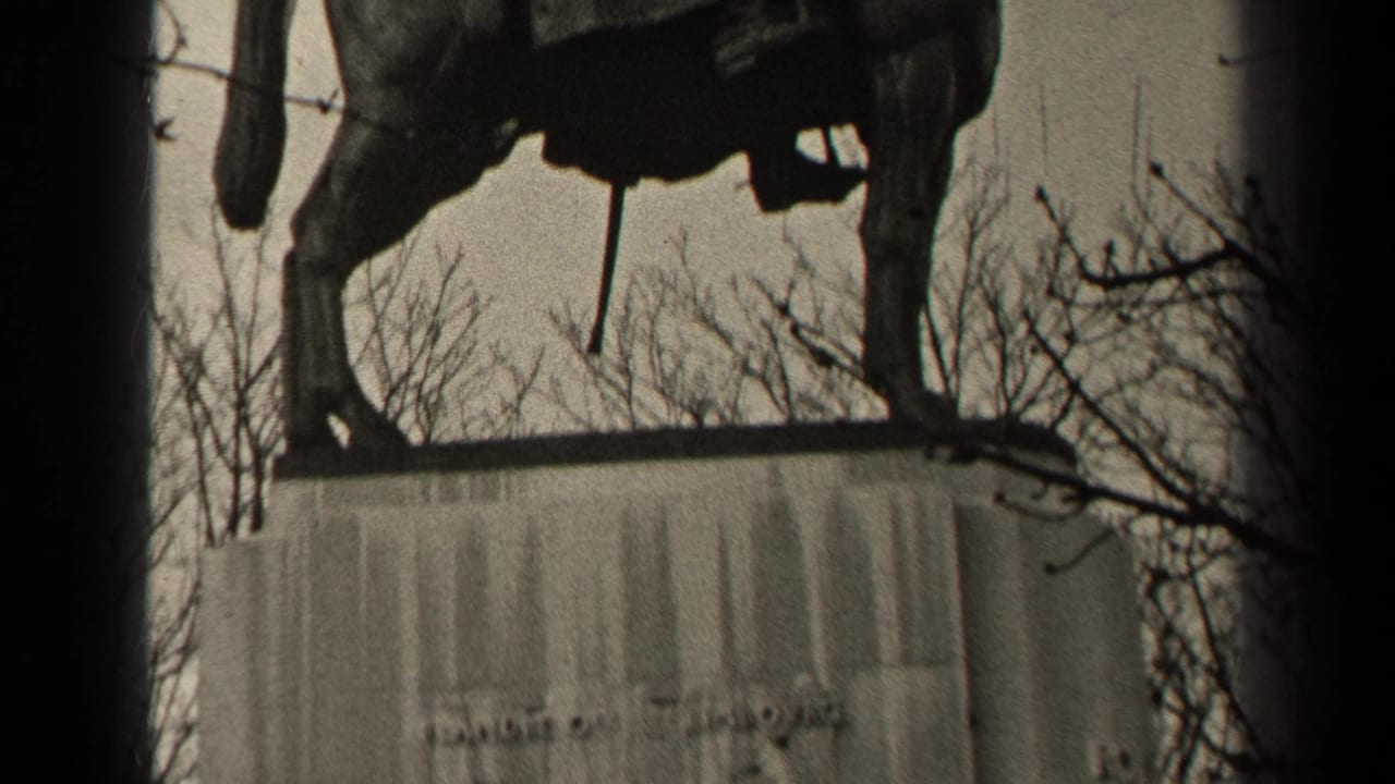 Upper pedestal and lower portion of a horse statue framed by bare branches.
