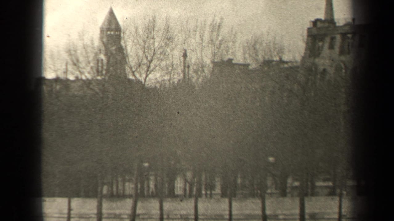 1947 Paris frame with a sculpted stone bridge ornament, bare tree line, low fence, and distant tower-like roofline.