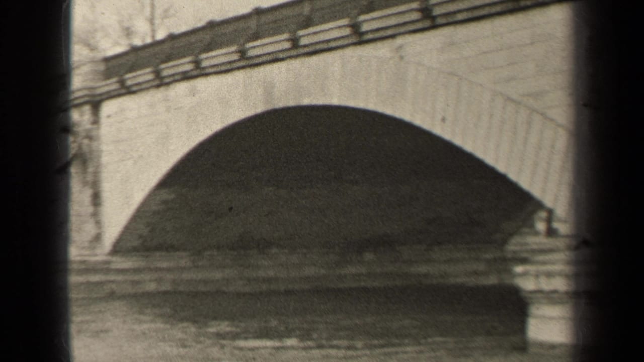 Large stone bridge arch spanning river water with parapet above.
