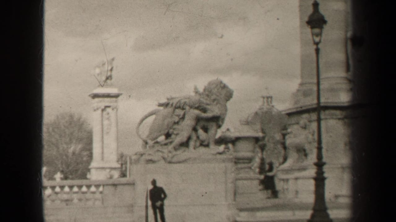 Stone lion sculpture on a bridge with a lone man below and a lamppost at right.