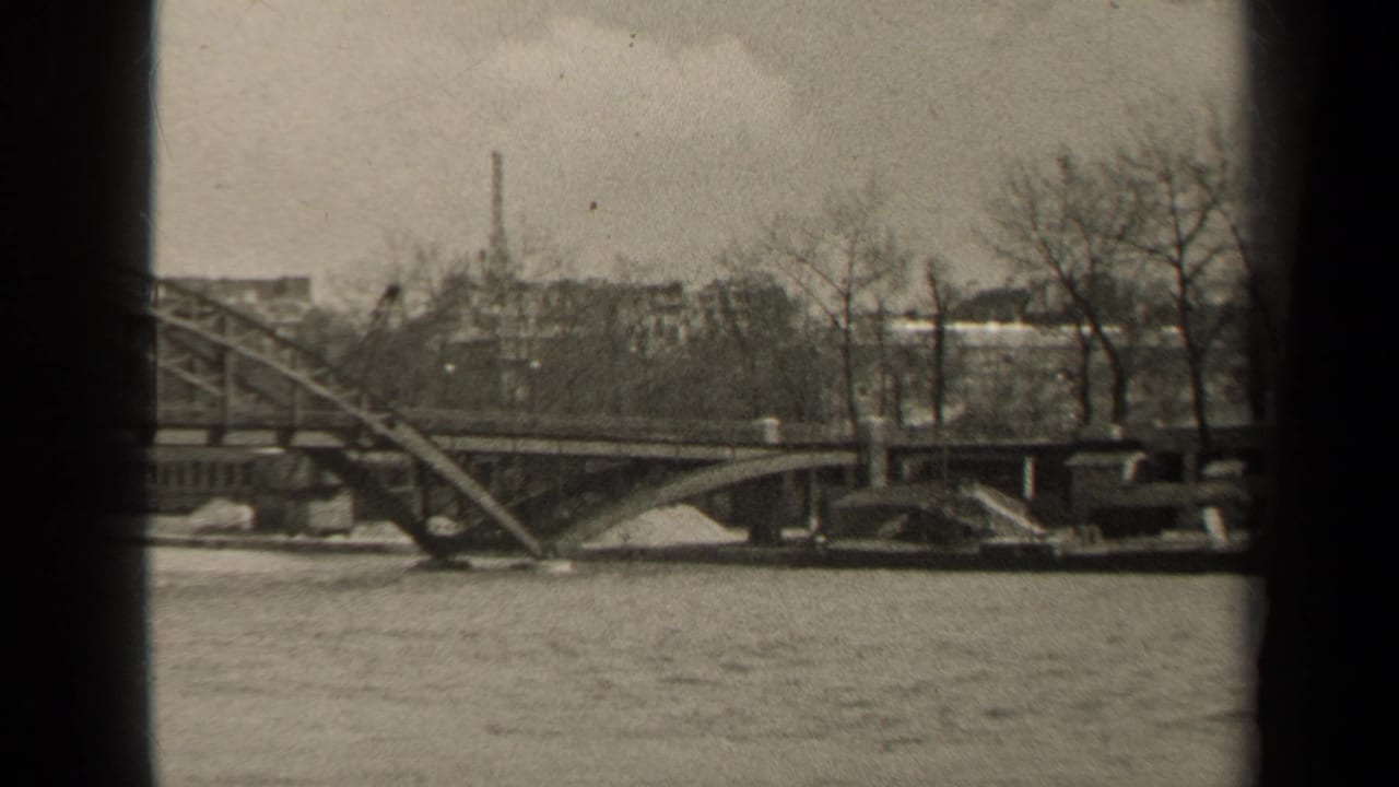 Steel bridge over a broad river with bare trees and distant buildings.