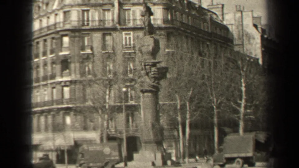 The final frame shows a 1947 Paris urban view with a public monument, multi-story apartments, trucks, bare trees, and small pedestrian figures.