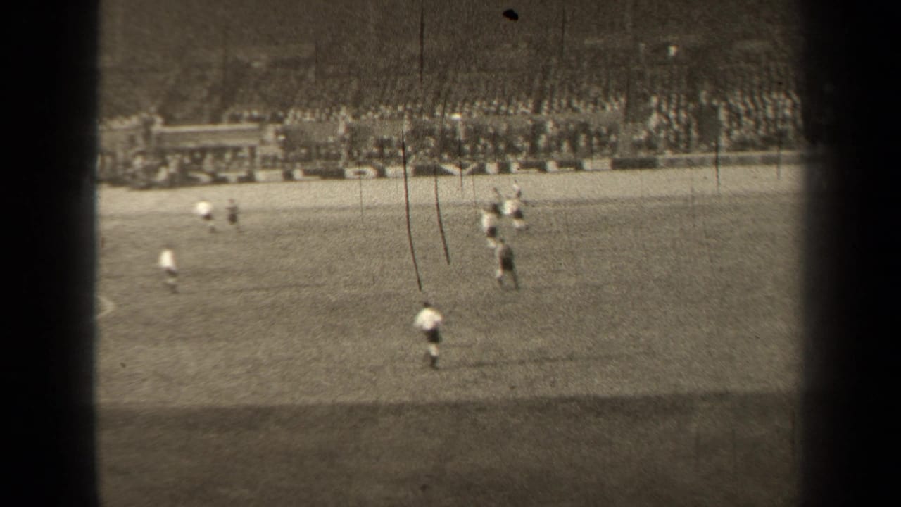 Wide stadium view of soccer play with a crowd along the far side of the field.