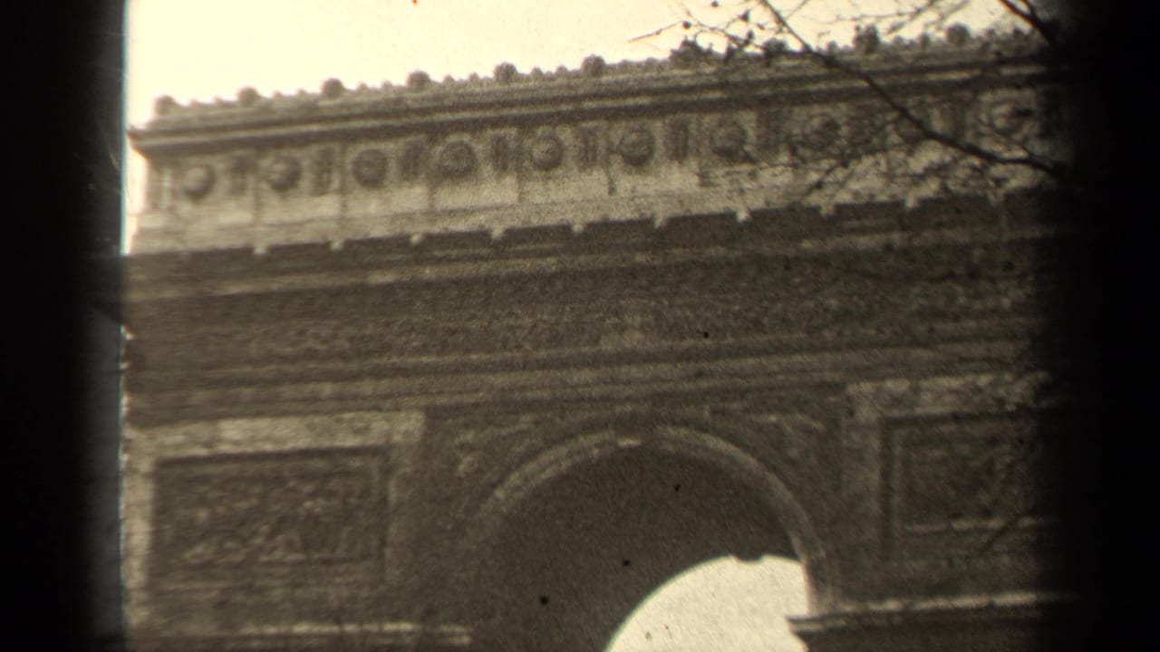 Arc de Triomphe arch with carved upper frieze and tree branches at the edge.