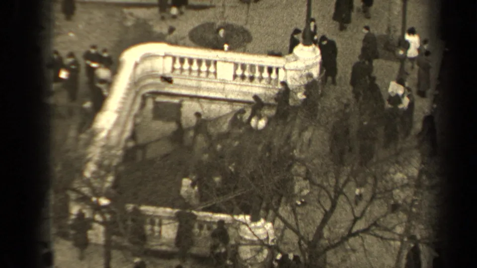1947 Paris pedestrians move around a stone stairway and balustrade, with leafless branches crossing the lower frame.