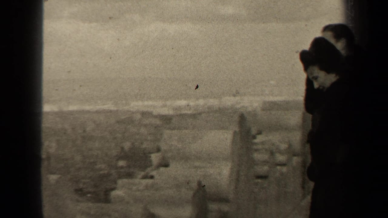 Two people stand near a rooftop edge with a hazy city view behind them.