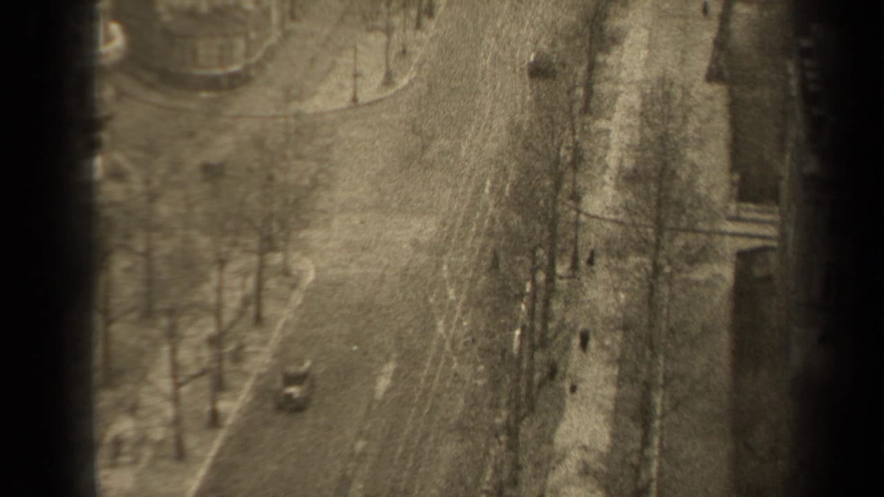 High-angle view of a quiet tree-lined street with a small car and dark window edges.