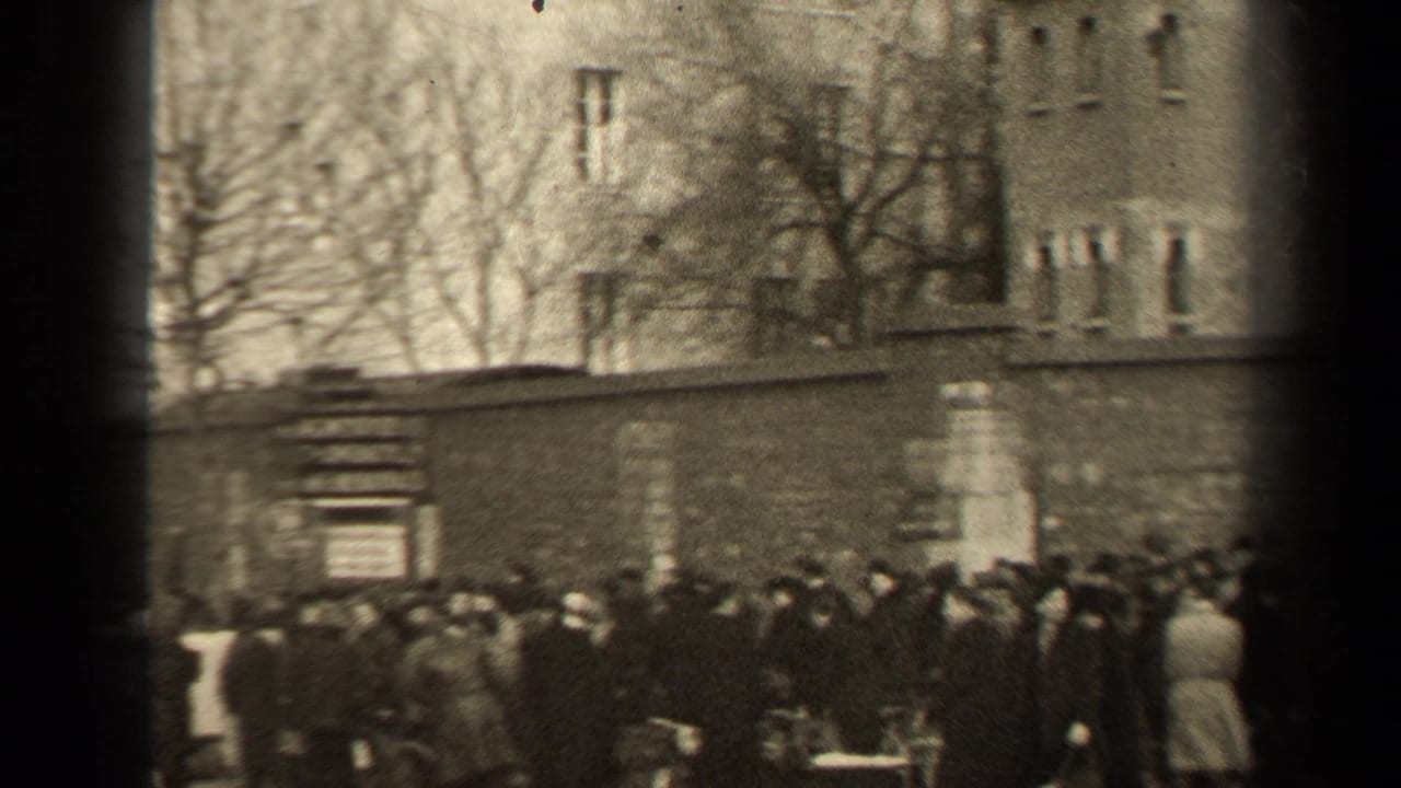 Crowd of pedestrians gathered beside a wall and leafless trees on a city street.