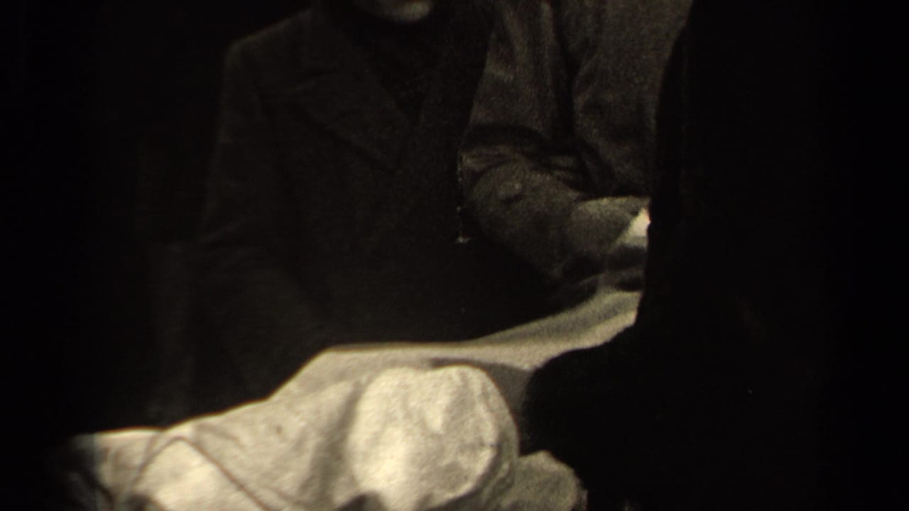A light shirt is held across the frame while adults stand in shadow behind it.