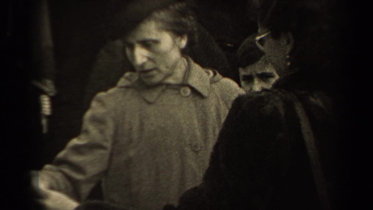 The 1947 Paris market view shows a woman in a light coat looking down toward the garment as people cluster closely nearby.