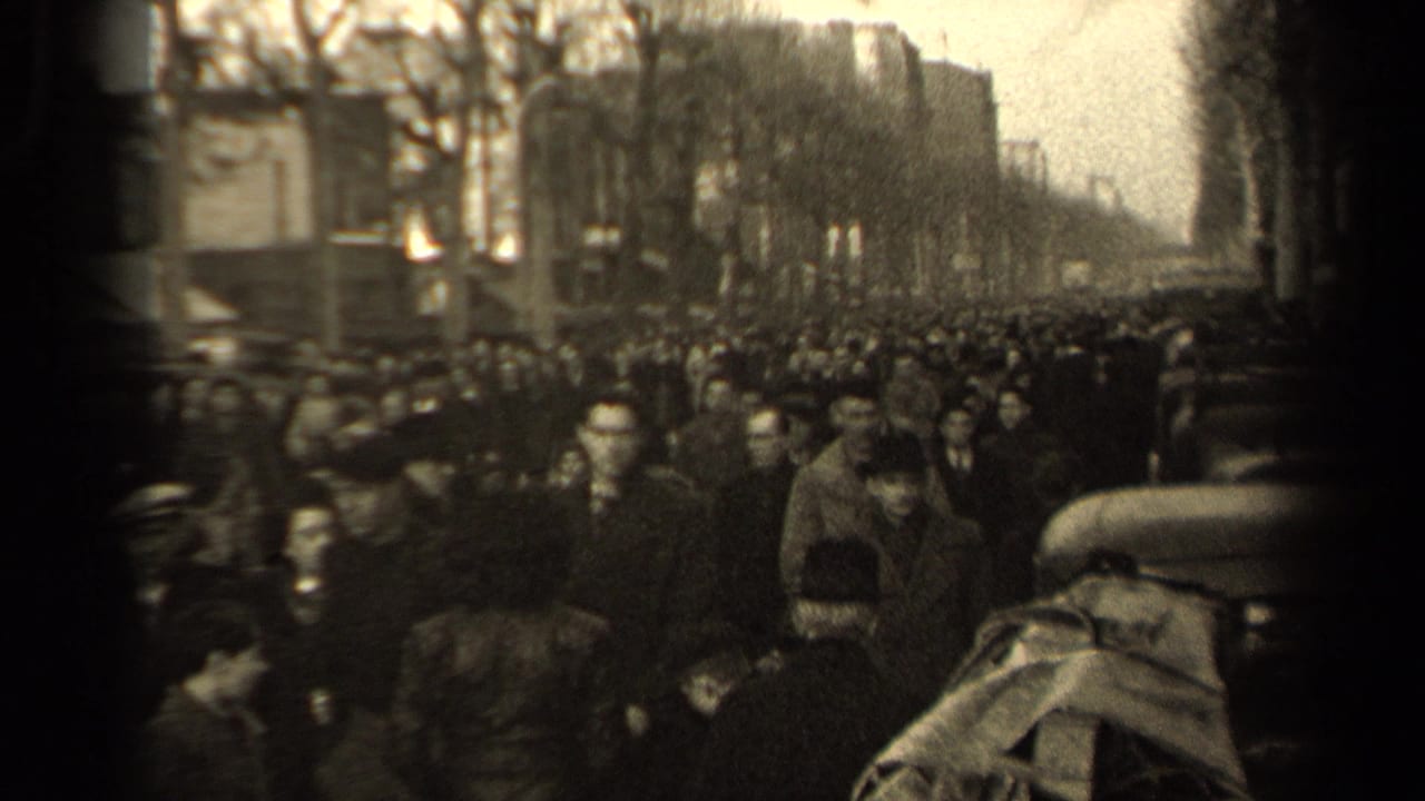 Final frame of the 1947 Paris crowd clip, showing packed pedestrians, visible faces, bare trees, and a rounded object near the camera.